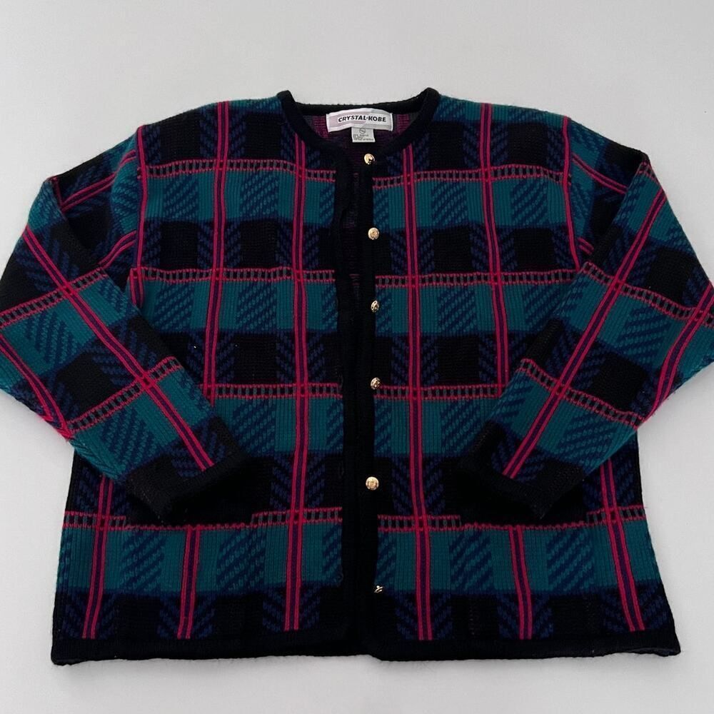 VNTG Crystal-Kobe Black/Green/Blue/Red Plaid, Gold Button, Cardigan- XL
